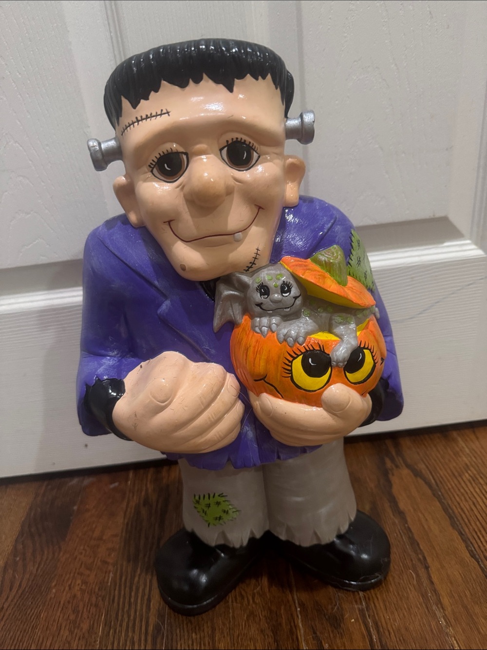 Frankenstein Halloween Figurine Holding Pumpkin/Purple/Orange/18-20”tall/Ceramic